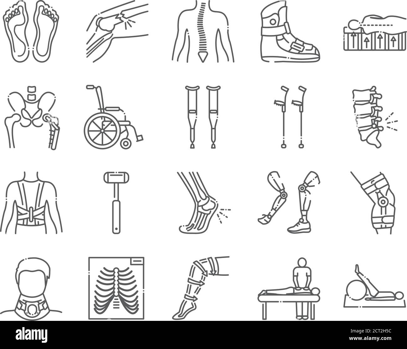 Set di icone dei colori delle linee ortopediche. Riabilitazione dopo lesioni. Trattamento del sistema muscoloscheletrico. Concetto di aiuto alla mobilità. Illustrazione Vettoriale