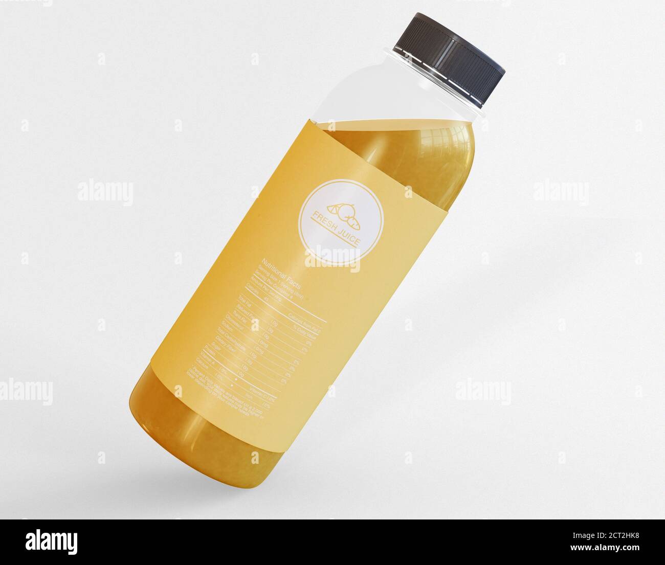 Illustrazione 3D. Bottiglia di succo fresco su fondo bianco isolato. Bevande naturali e rinfrescanti. Concetto di packaging e branding. Foto Stock
