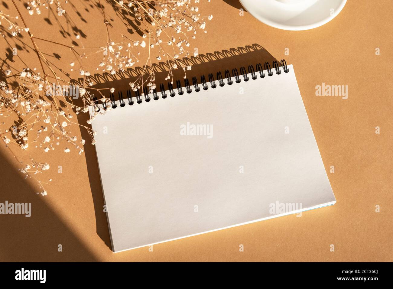 Mock up di blocco note vuoto su sfondo arancione con fiori gypsophila. Vista dall'alto, disposizione piatta, spazio per la copia Foto Stock