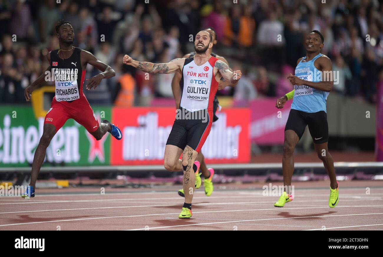 Ramil Guliyev celebra la vittoria della finale di 200m Mens.World Athletics Championships - Londra 2017. Immagine © Contrassegna dolore/Alamy Foto Stock