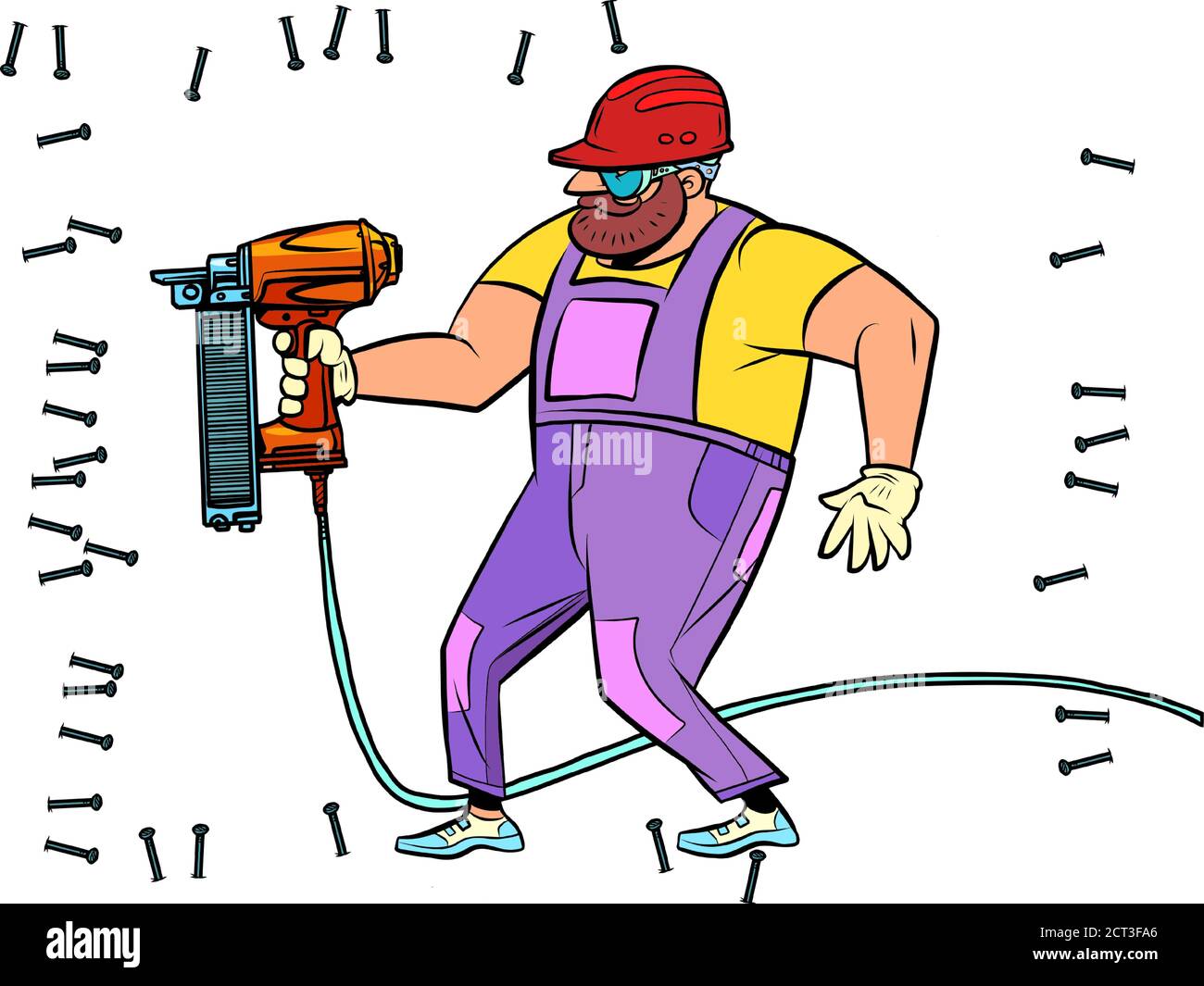 Un lavoratore perfora una parete con un trapano o un perforatore. Ristrutturazione e costruzione Illustrazione Vettoriale