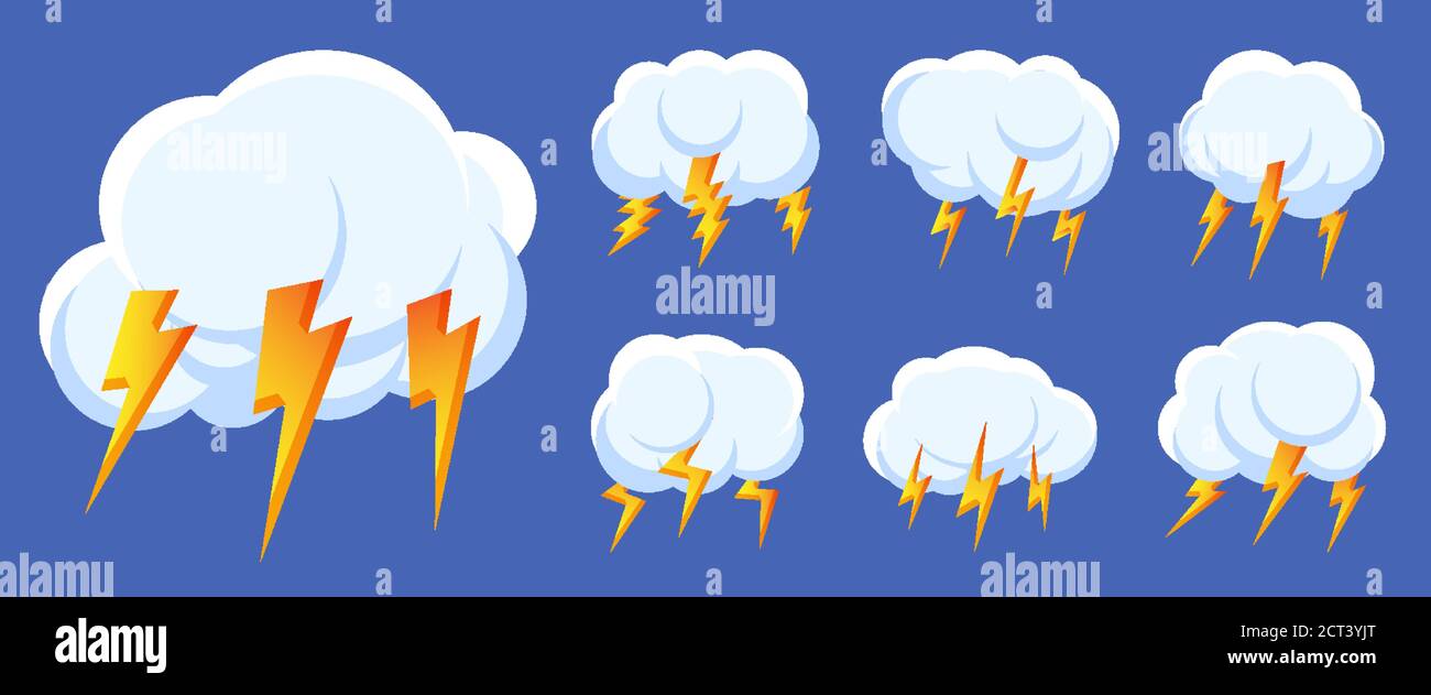 Set di icone fulminee thunderstorm cloud. Segno logo tempesta, tuono e fulmini colpo. Progettare il simbolo meteo per il Web o l'app. Immagine vettoriale isolata con diversi segni di flash ad alta luminosità Illustrazione Vettoriale