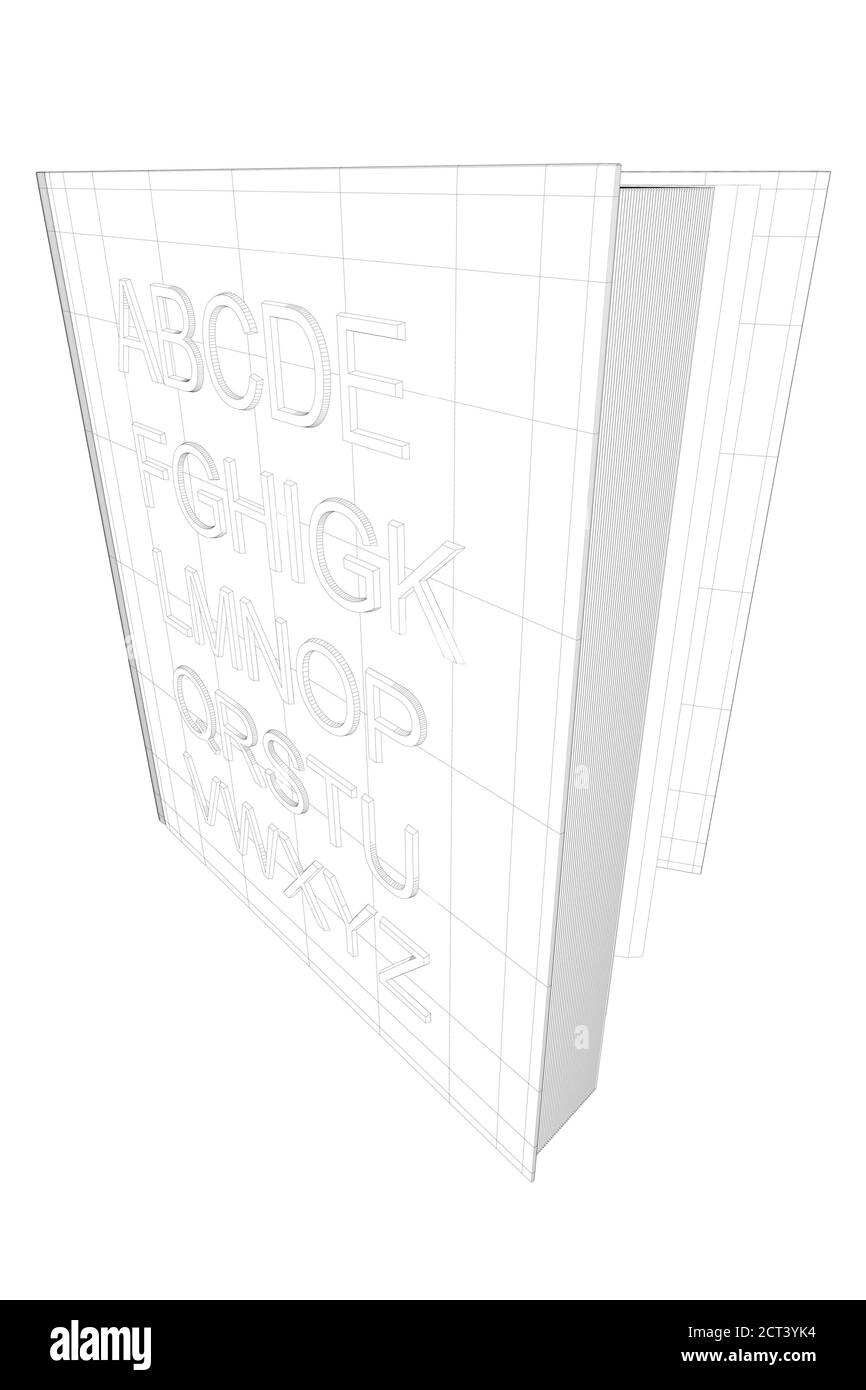 Alfabeto inglese a reticolo da linee nere isolate su sfondo bianco. Il libro aperto si leva sul suo bordo. 3D. Illustrazione vettoriale Illustrazione Vettoriale