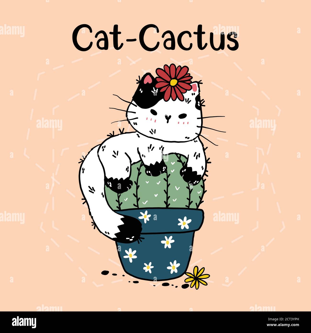 Cute kawaii gatto cactus in vaso con fiore mano doodle disegno con caratteri gatto cactus. Divertente gatto, vettore illustrazione con silhouette per adesivo, p Illustrazione Vettoriale