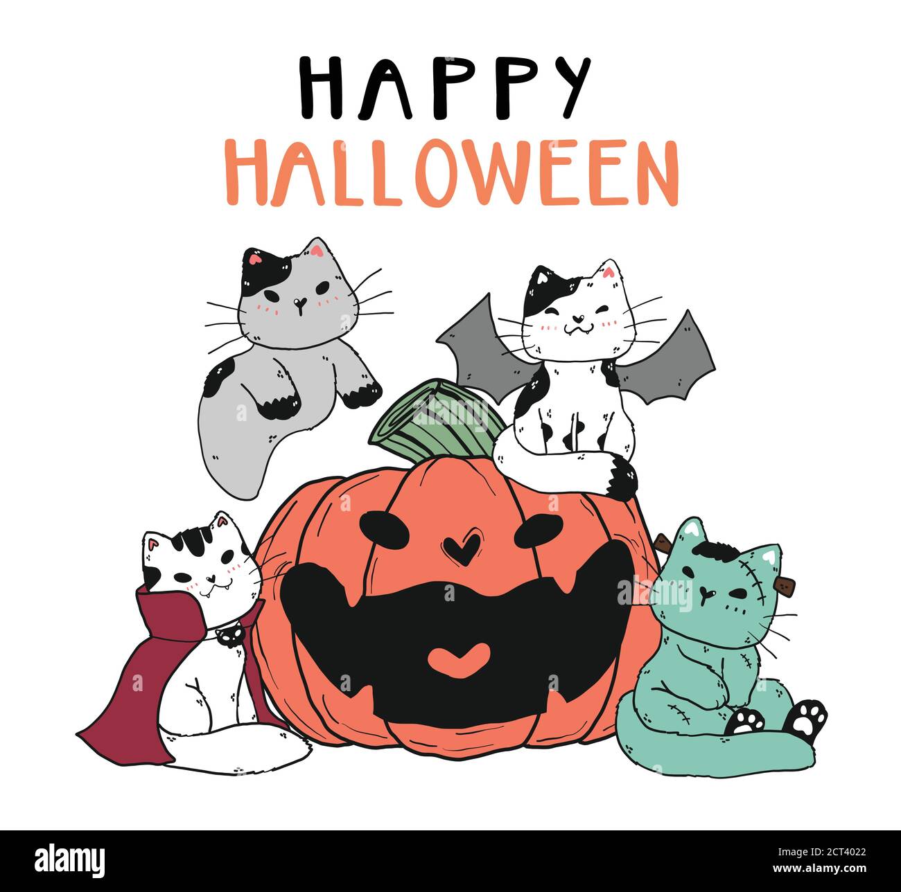 Simpatico simpatico gatto amico gruppo gang in costume di Halloween con sorriso craved zucca piatto vettore doodle cartoon clip art elemento per adesivi, pianificatore, gre Illustrazione Vettoriale