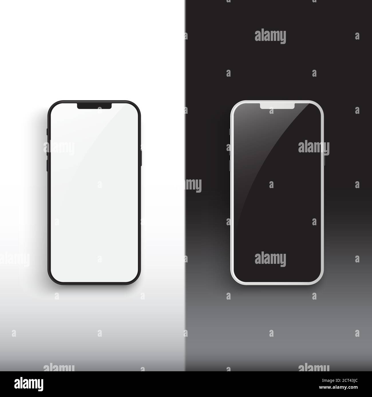 Smartphone in bianco e nero. Nuovo smartphone portatile realistico stile moderno. Smartphone Vector con icone ui. Isolato su sfondo bianco. Illustrazione Vettoriale