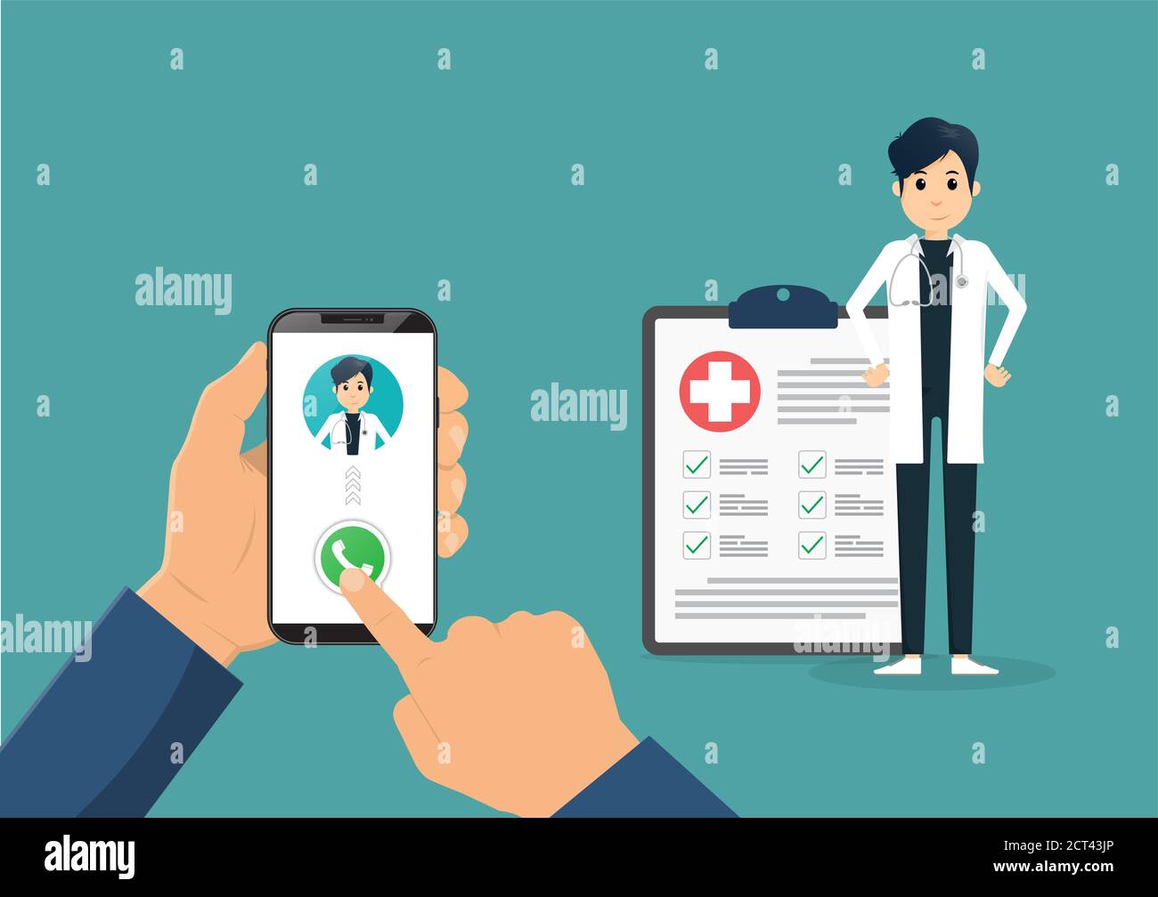 Smartphone a mano con medico di sesso maschile su chiamata e una consultazione online. Immagine piatta vettoriale. Illustrazione Vettoriale