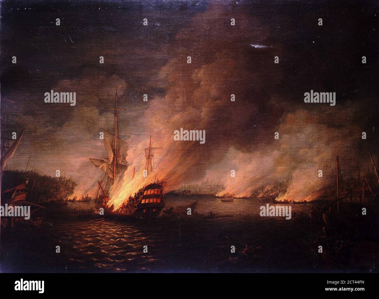 Una scena dopo la notte, che mostra l’azione di Sir John Thomas Duckworth nei Dardanelli 19 febbraio 1807 combustione delle navi turche da parte di Thomas Whitcombe (forse 19 maggio 1763 – c.. 1824) è stato un importante pittore marittimo britannico delle guerre napoleoniche. Tra i suoi lavori ci sono più di 150 azioni della Royal Navy, e ha esposto alla Royal Academy, alla British Institution e alla Royal Society of British Artists. Le sue immagini sono molto ricercate oggi. Foto Stock