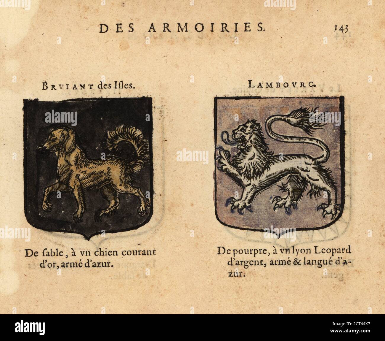 Stemmi immaginari del quarto Capitolo dei Cavalieri del Re Artù della Tavola rotonda: Bruiant delle Isole, con cane in corsa d'oro su un campo nero, e Sir Lamorak, con leopardo d'argento su campo viola. Chevaliers de la table ronde: Bruiant des Isles, Lambourg. Incisione a blocchi di legno colorato a mano da le Blason des Armoiries di Hierosme de Bara, Chez Rolet Bouton, Parigi, 1628 Foto Stock