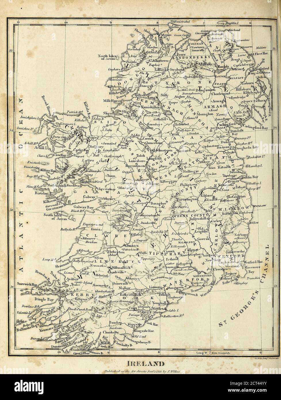Mappa dei primi anni del XIX secolo dell'Irlanda incisione su Copperplate dall'Enciclopedia Londinensis OR, dizionario universale di arti, scienze e letteratura; Volume XI; a cura di Wilkes, John. Pubblicato a Londra nel 1812 Foto Stock