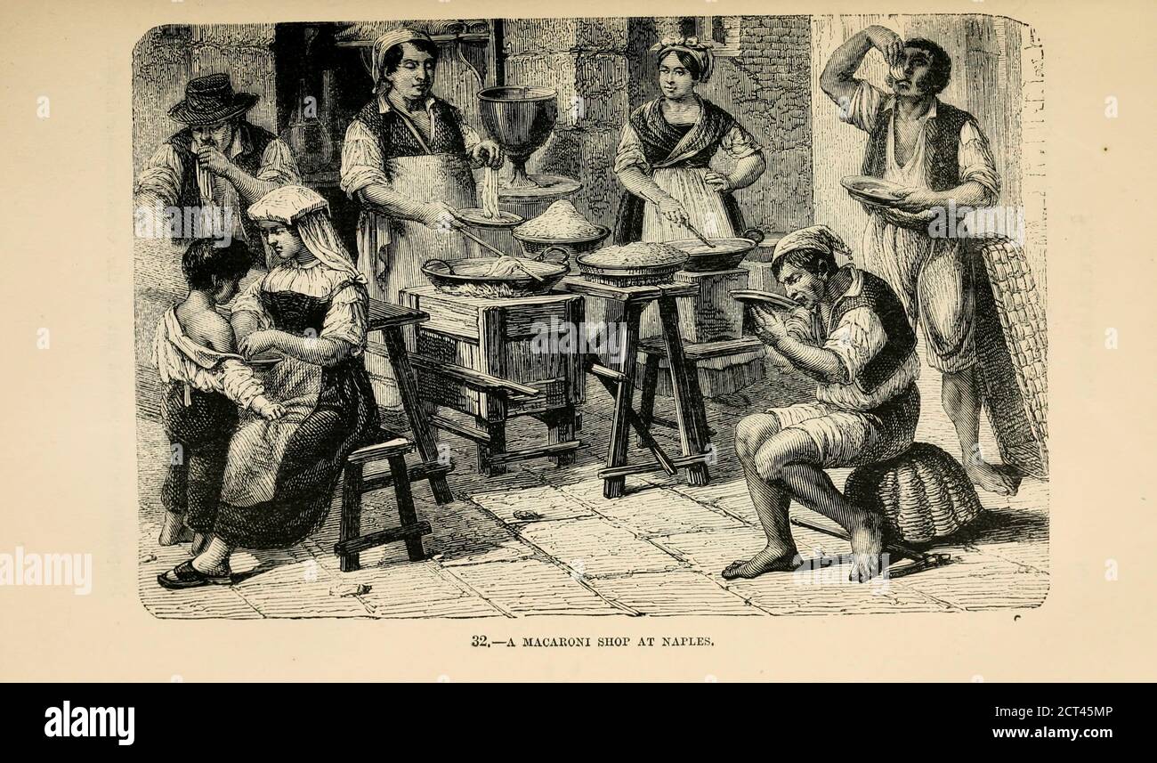 Macaroni Shop a Napoli 1872 incisione su legno di razza umana di Figuier, Louis, (1819-1894) Pubblicazione nel 1872 Editore: New York, Appleton Foto Stock