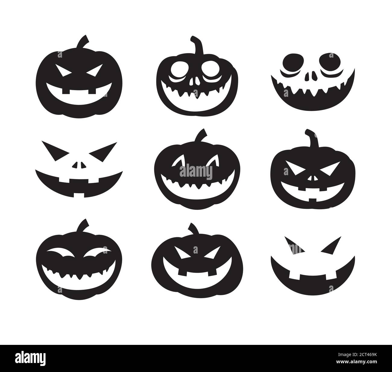 Icona Halloween faccia di zucca insieme stile solido. Simboli per sito Web, stampa, rivista, app e design. Illustrazione Vettoriale
