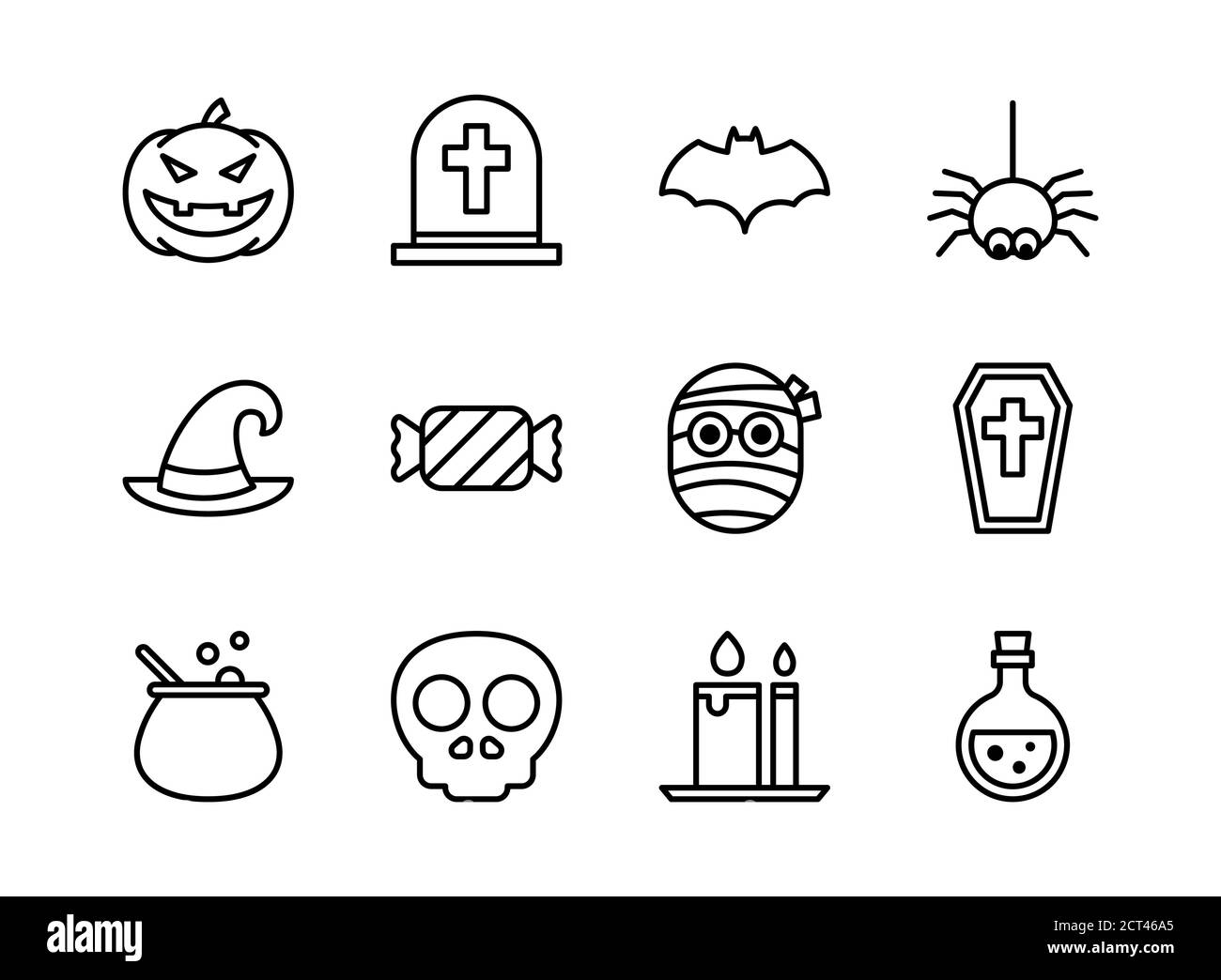 Icona di Halloween Imposta lo stile del contorno. Simboli per sito Web, stampa, rivista, app e design. Illustrazione Vettoriale