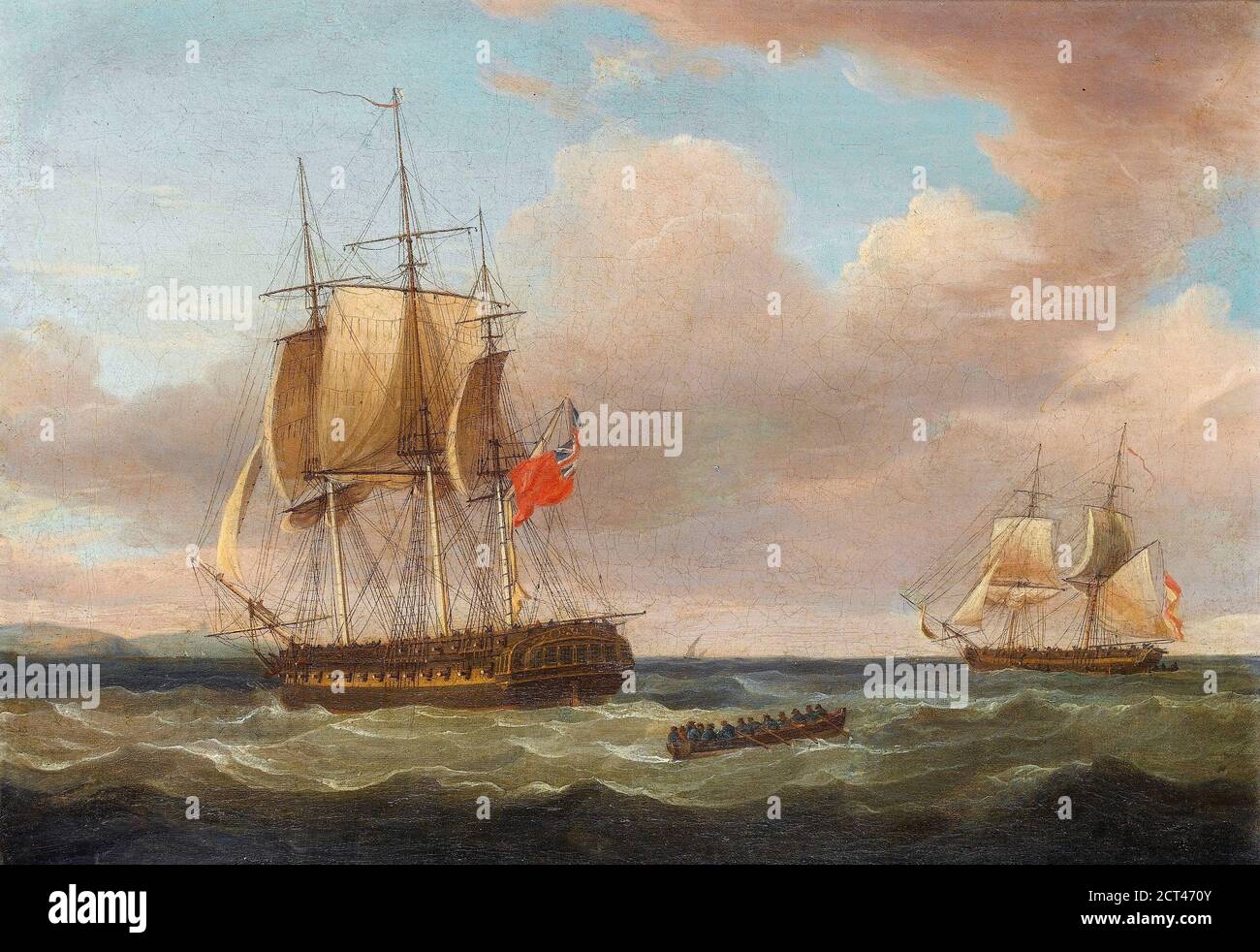 H.M.S. 'Pique', 40 pistole, Captain C.H.B. Ross che cattura la Briga spagnola 'Orquijo', 18 pistole, 8. Febbraio 1805. HMS. ‘Pique’, 36 cannoni, fu costruito e lanciato come la fregata francese ‘Pallas’, che fu catturata da uno squadrone britannico al largo delle coste francesi il 6 febbraio 1800. Assimilata alla Royal Navy e ribattezzata ‘Pique’, ha reso un servizio prezioso durante le guerre napoleoniche ed è stata infine demolita nel 1819. Di Thomas Whitcombe (forse 19 maggio 1763 – c.. 1824) è stato un importante pittore marittimo britannico delle guerre napoleoniche. Tra i suoi lavori ci sono oltre 150 azioni della Royal Navy, e. Foto Stock