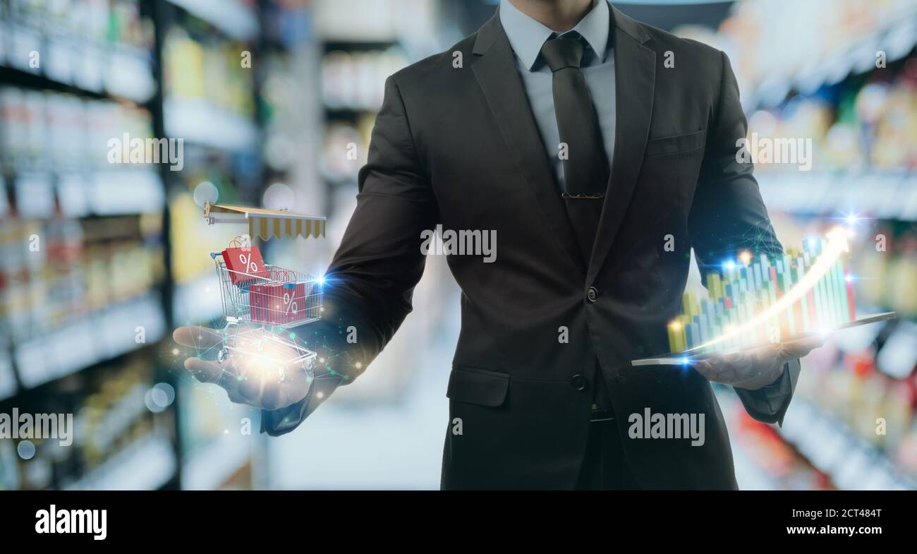 Tecnologia futuristica nel retail intelligente per un tasso di vendita in crescita elevata utilizzando intelligenza artificiale ai, apprendimento automatico, digital twin, 5g, big data, Foto Stock