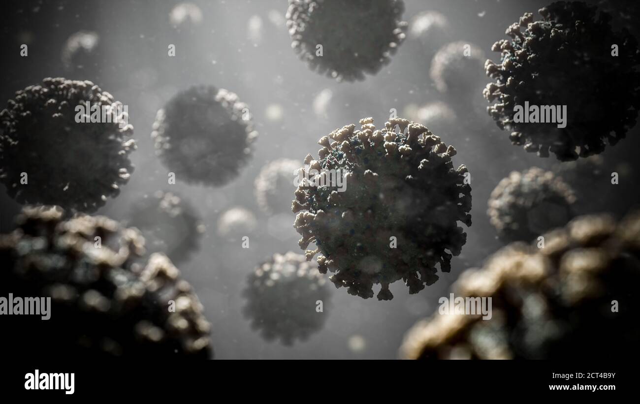 COVID-19 molecole di Coronavirus Pandemic Airborne Transmission Concept - influenza Virus Seconda ondata globale - epidemia di salute focolaio copertura sfondo Foto Stock