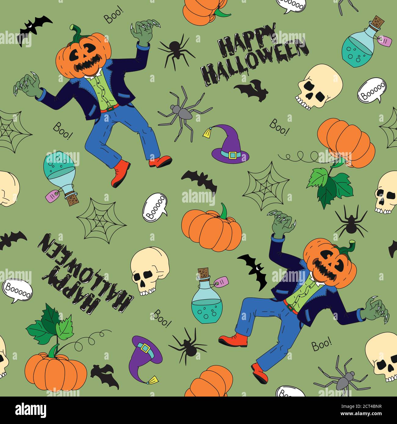 Modello vettoriale senza giunture per Halloween. Zucca, fantasma, pipistrello, caramella e altri elementi sul tema di Halloween. Brillante motivo cartoon per Halloween Illustrazione Vettoriale