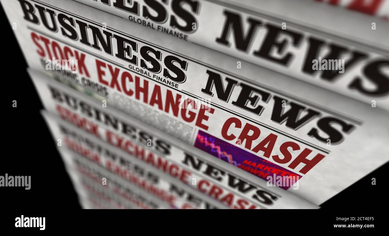 Borsa crash notizie business. Stampa quotidiana. Concetto astratto di produzione di supporti cartacei vintage. Illustrazione del rendering 3d stile retro Foto Stock