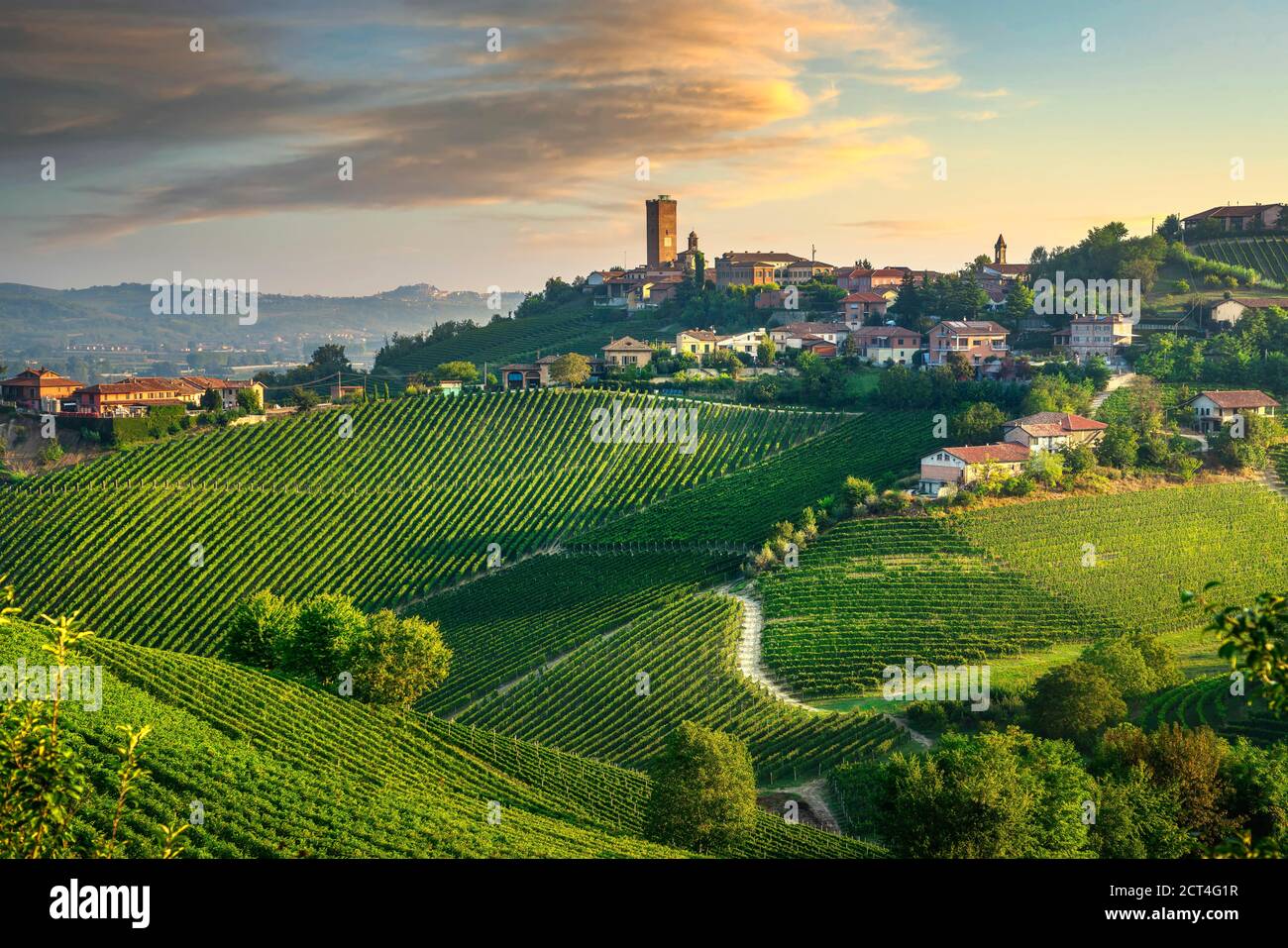 Villaggio di Barbaresco e vigneti delle Langhe, sito UNESCO, Piemonte, Italia settentrionale Europa. Foto Stock