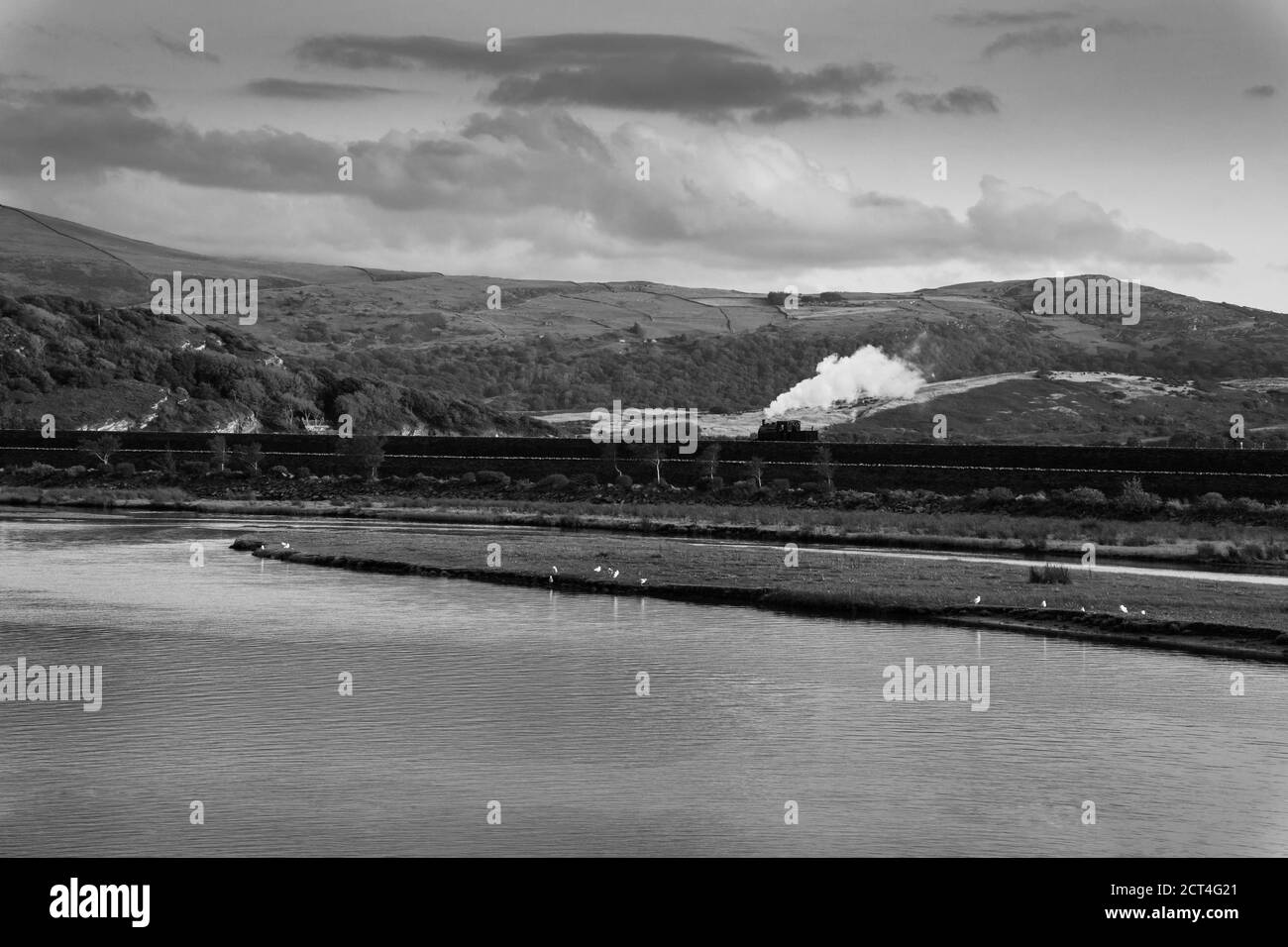Ffestioiog e Welsh Highland Railway motore che fuma lungo la COB, Porthmadog Galles del Nord Regno Unito. Agosto 2020 Foto Stock