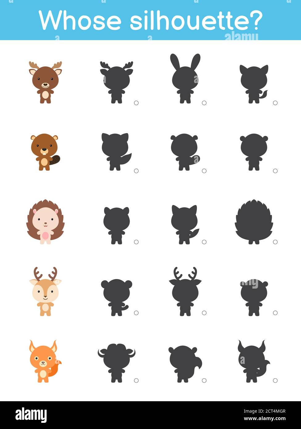Il cui modello di gioco silhouette. Gioco di abbinamento per bambini con animali cartoni animati boschivi. Pagina attività bambini. Foglio di lavoro per lo sviluppo dell'istruzione. Logico Illustrazione Vettoriale