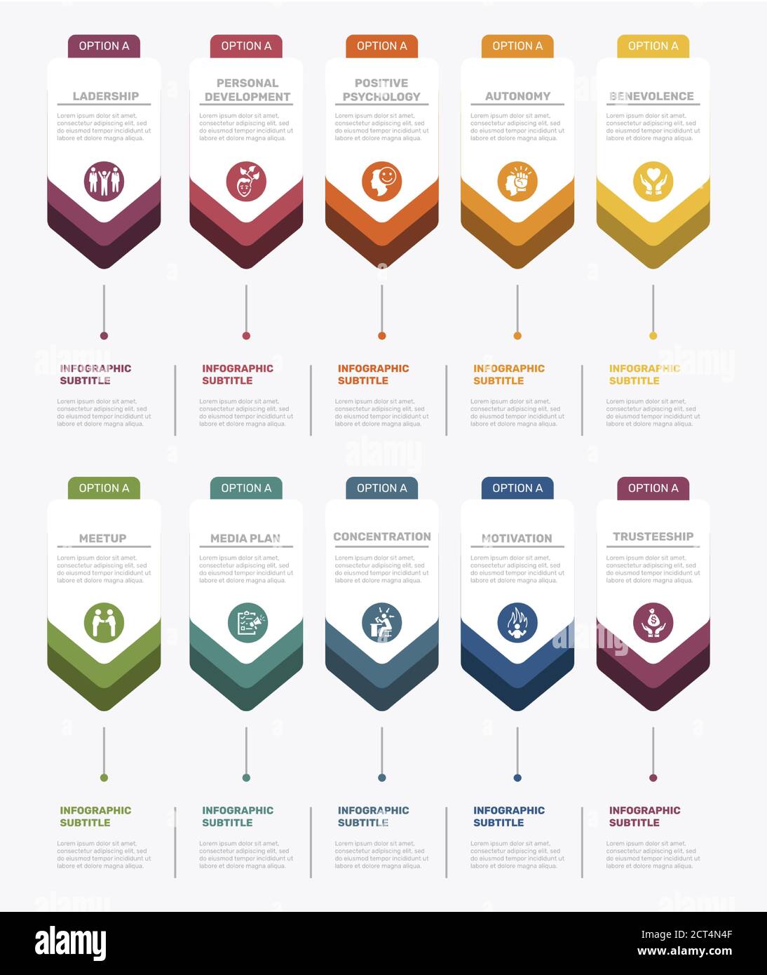 Modello di gestione aziendale infografica. Icone in colori diversi. Includere la leadership, lo sviluppo personale, la psicologia positiva, l'autonomia e. Illustrazione Vettoriale