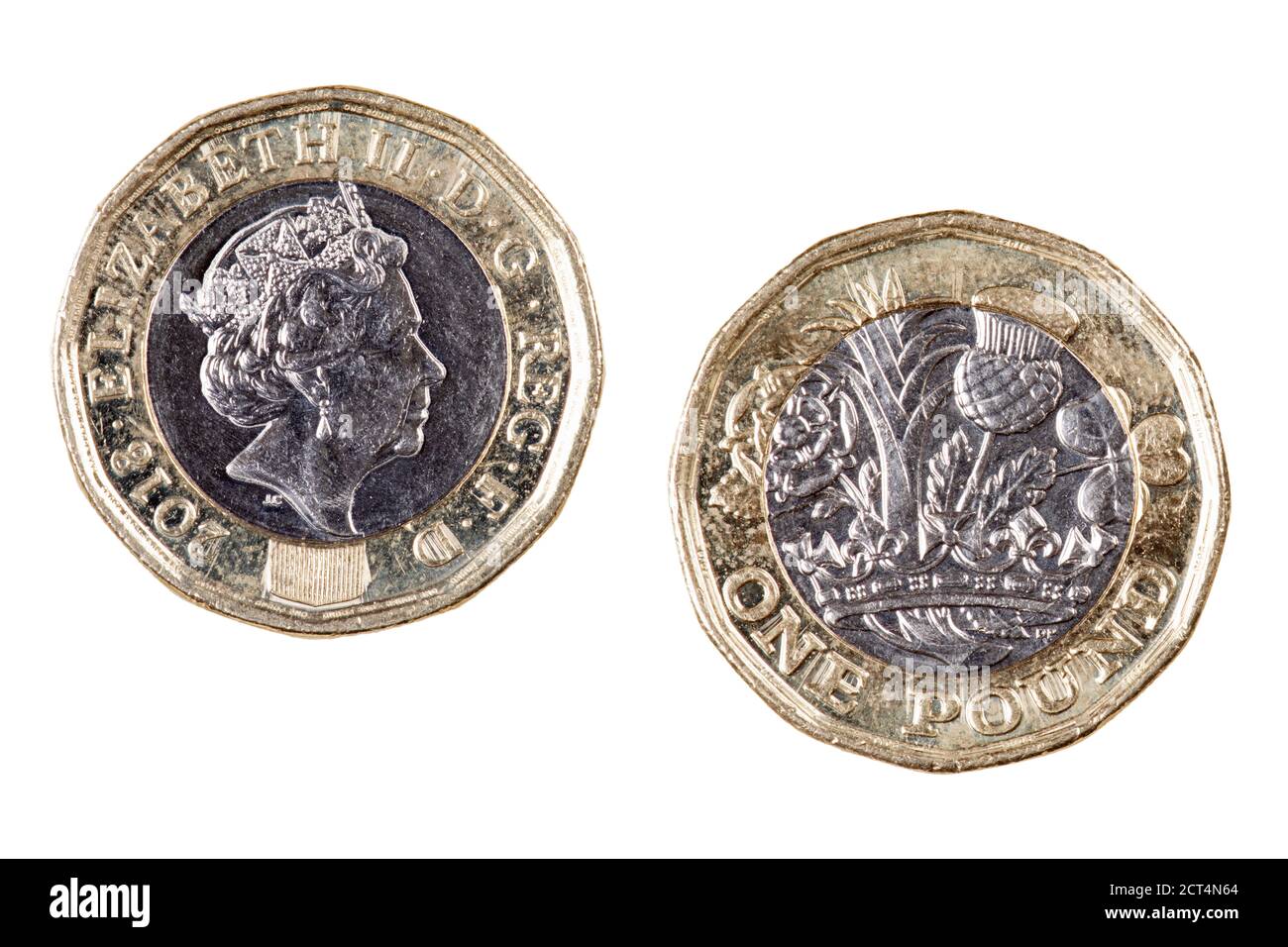 Lati opposti e inversi della moneta britannica da una libbra isolato su sfondo bianco Foto Stock
