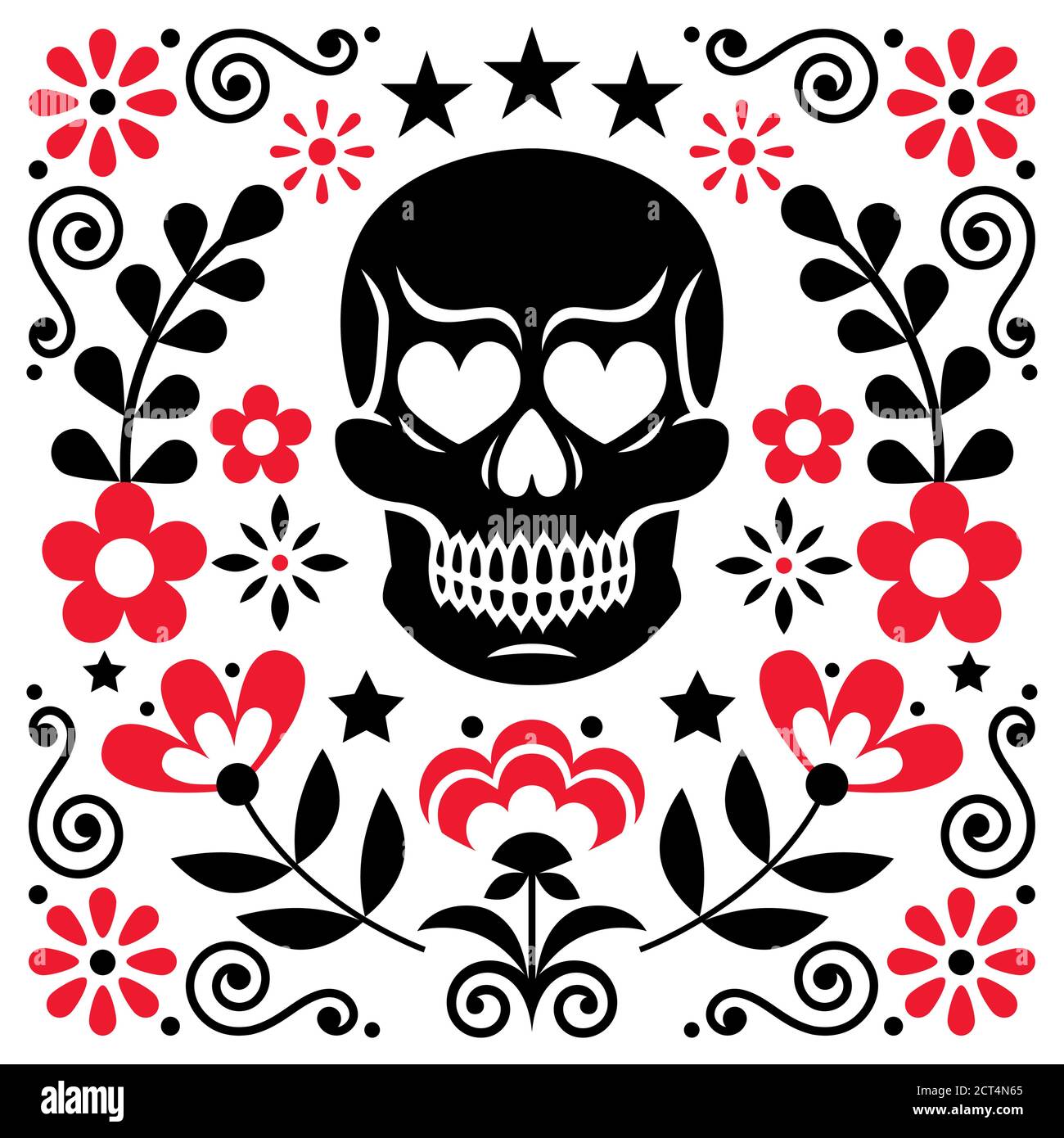Disegno vettoriale di fiori e cranio messicano, decorazione floreale di Halloween e Day of the Dead - stile di arte popolare Illustrazione Vettoriale