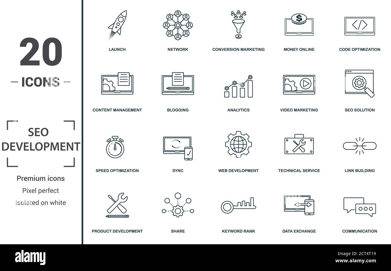 Set di icone SEO e sviluppo. Collezione di cartelli monocromatici con lancio, rete, marketing di conversione, denaro online e oltre icone. SEO e sviluppo Illustrazione Vettoriale