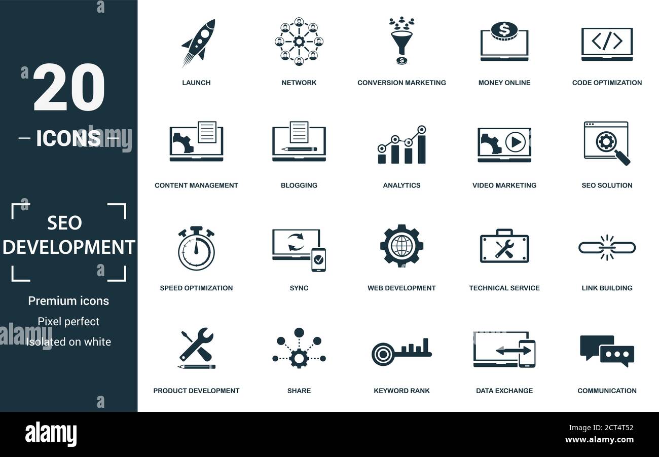 Set di icone SEO e sviluppo. Collezione di cartelli monocromatici con lancio, rete, marketing di conversione, denaro online e oltre icone. SEO e sviluppo Illustrazione Vettoriale