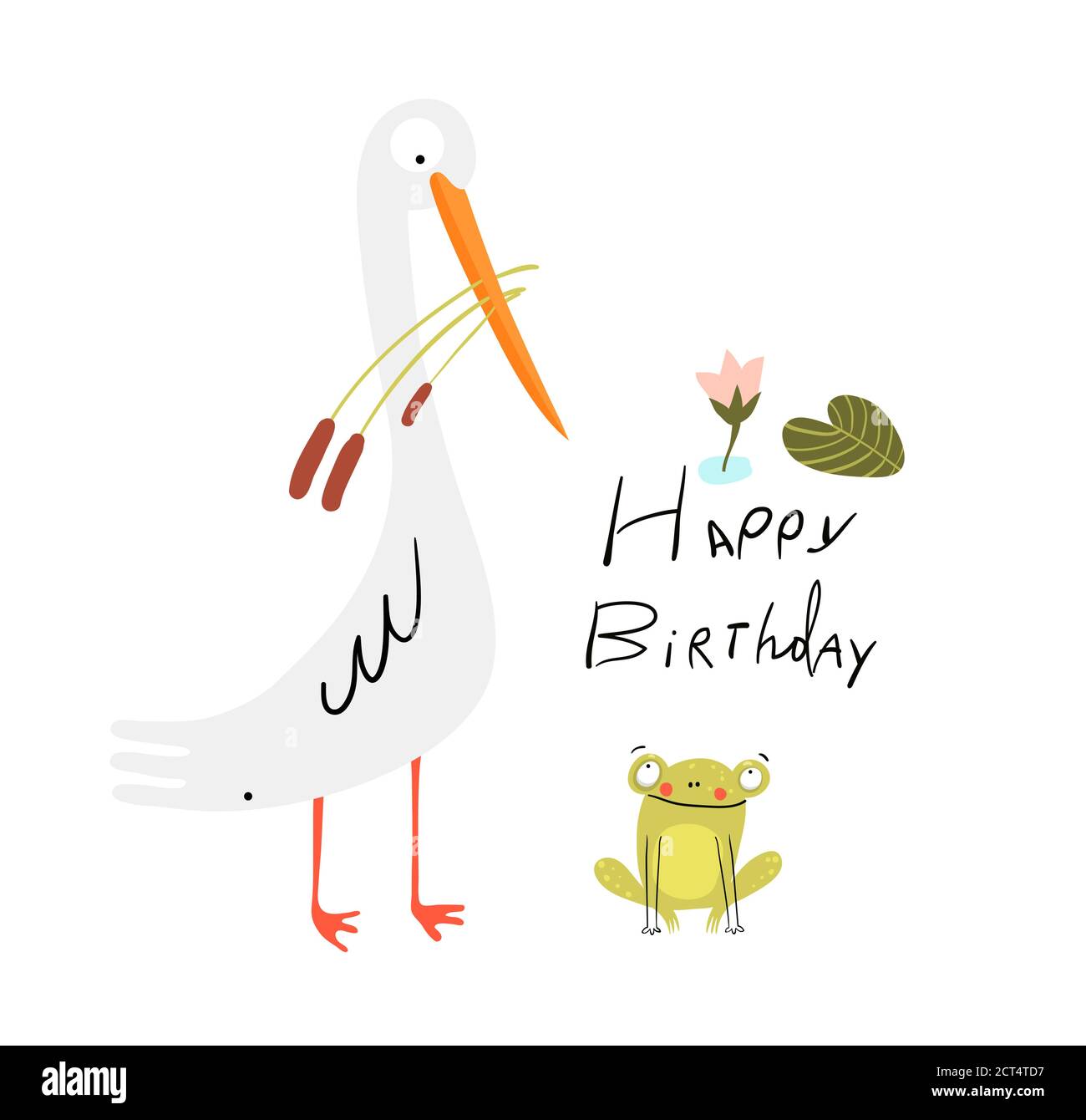 Uccello bianco e rana Felice compleanno congratulazioni con scritta disegnata a mano. Illustrazione Vettoriale