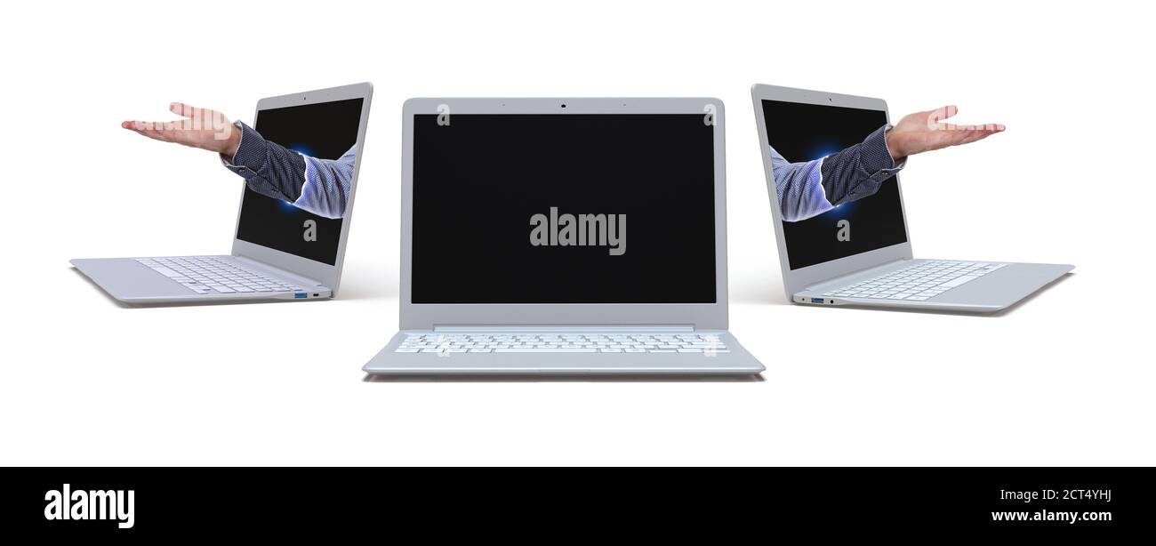 un notebook aperto in mock-up con braccia umane su sfondo bianco Rendering 3D Foto Stock