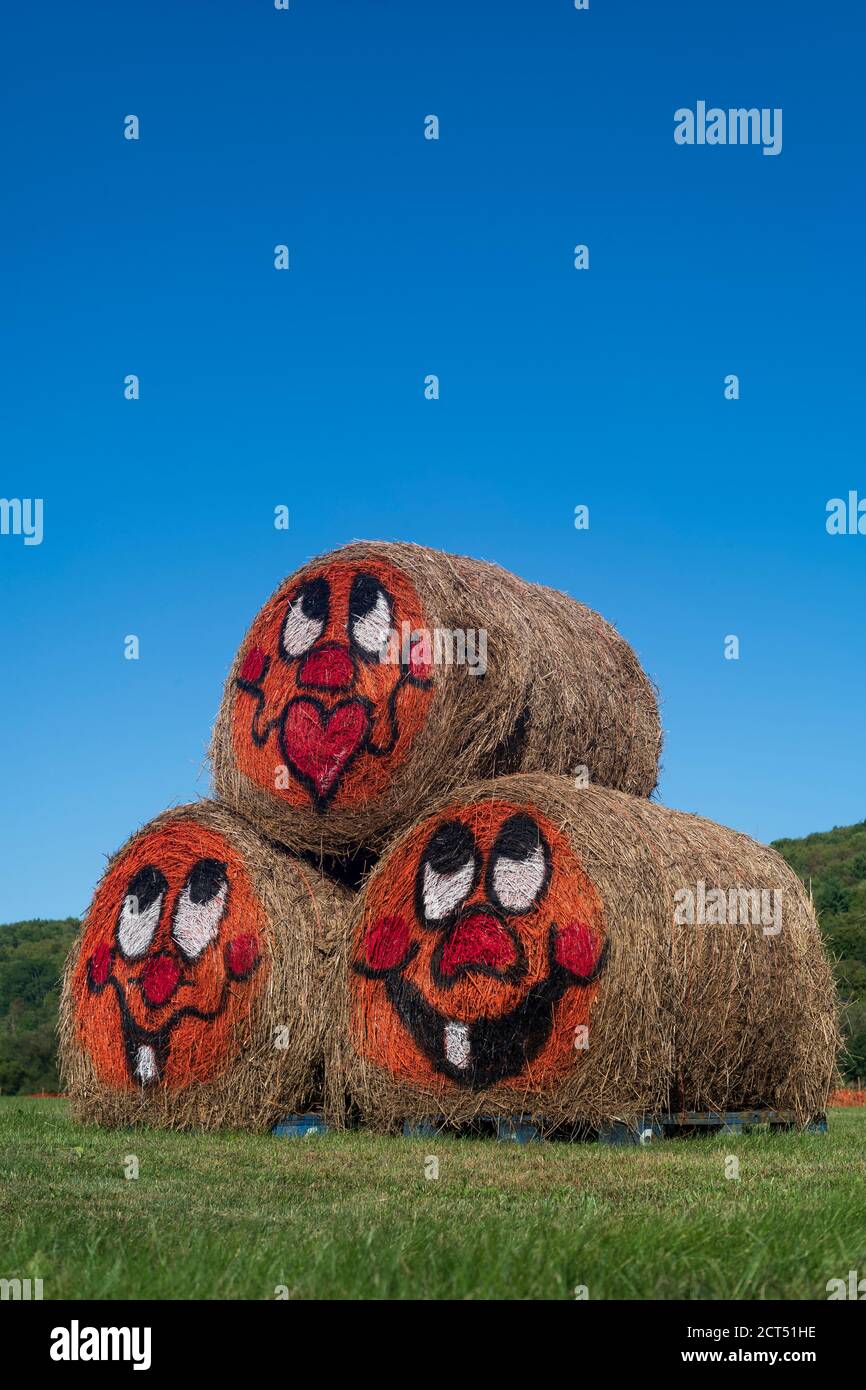 Un'immagine verticale di tre barili di fieno arrotolati che sono impilati in una forma piramidale con i volti cartoon dipinti sono trovato nel mezzo di un campo su un su Foto Stock