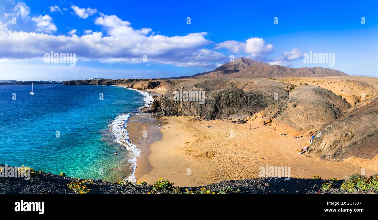 Natura panoramica e splendide spiagge vulcaniche di Lanzarote. Papagayo spiaggia. Isole Canarie Foto Stock