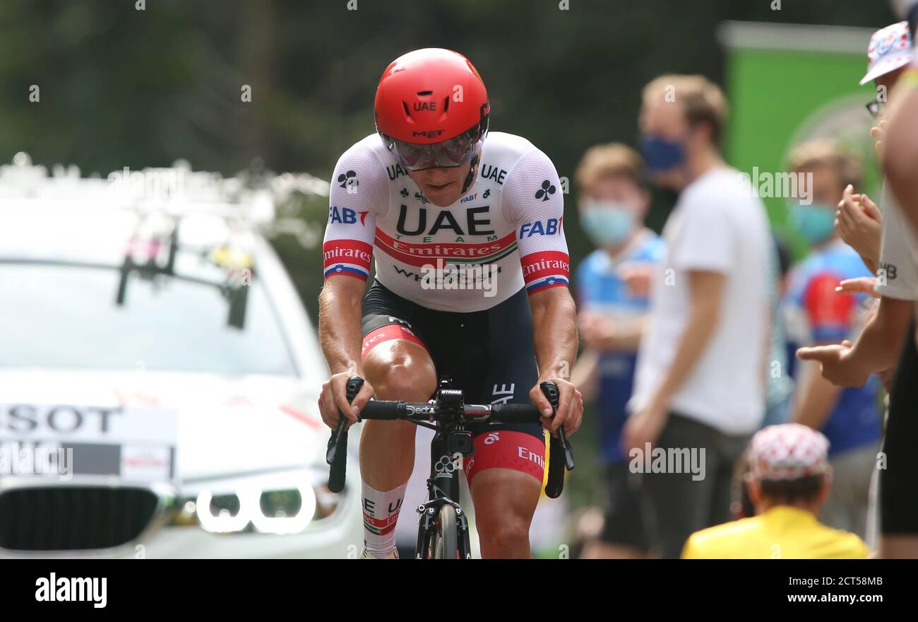 Jan Polanc del team Emirati Arabi Uniti durante il Tour de France 2020, gara ciclistica tappa 20, Time Trial, Lure - la Planche des Belles Filles (36,2 km) il 19 settembre 2020 a Plancher-les-Mines, Francia - Foto Laurent Lairys / MAXPPP Foto Stock