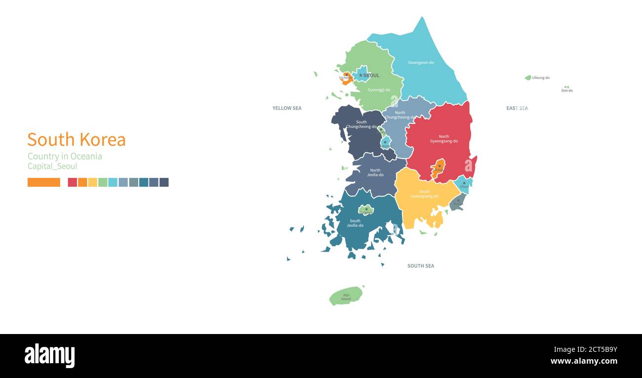 Mappa della Corea del Sud. Mappa vettoriale colorata e dettagliata del paese asiatico. Illustrazione Vettoriale