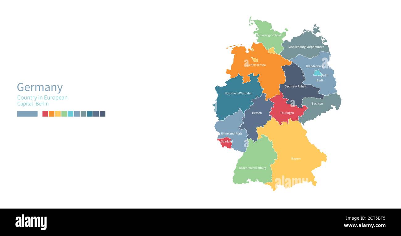 Mappa della Germania. Mappa vettoriale colorata e dettagliata del paese europeo. Illustrazione Vettoriale