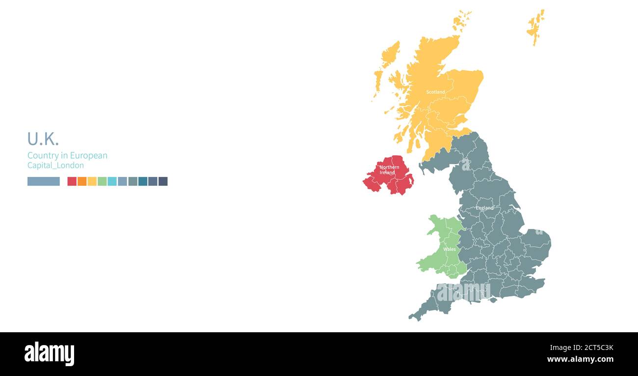 Mappa del Regno Unito. Mappa vettoriale colorata e dettagliata del paese europeo. Illustrazione Vettoriale