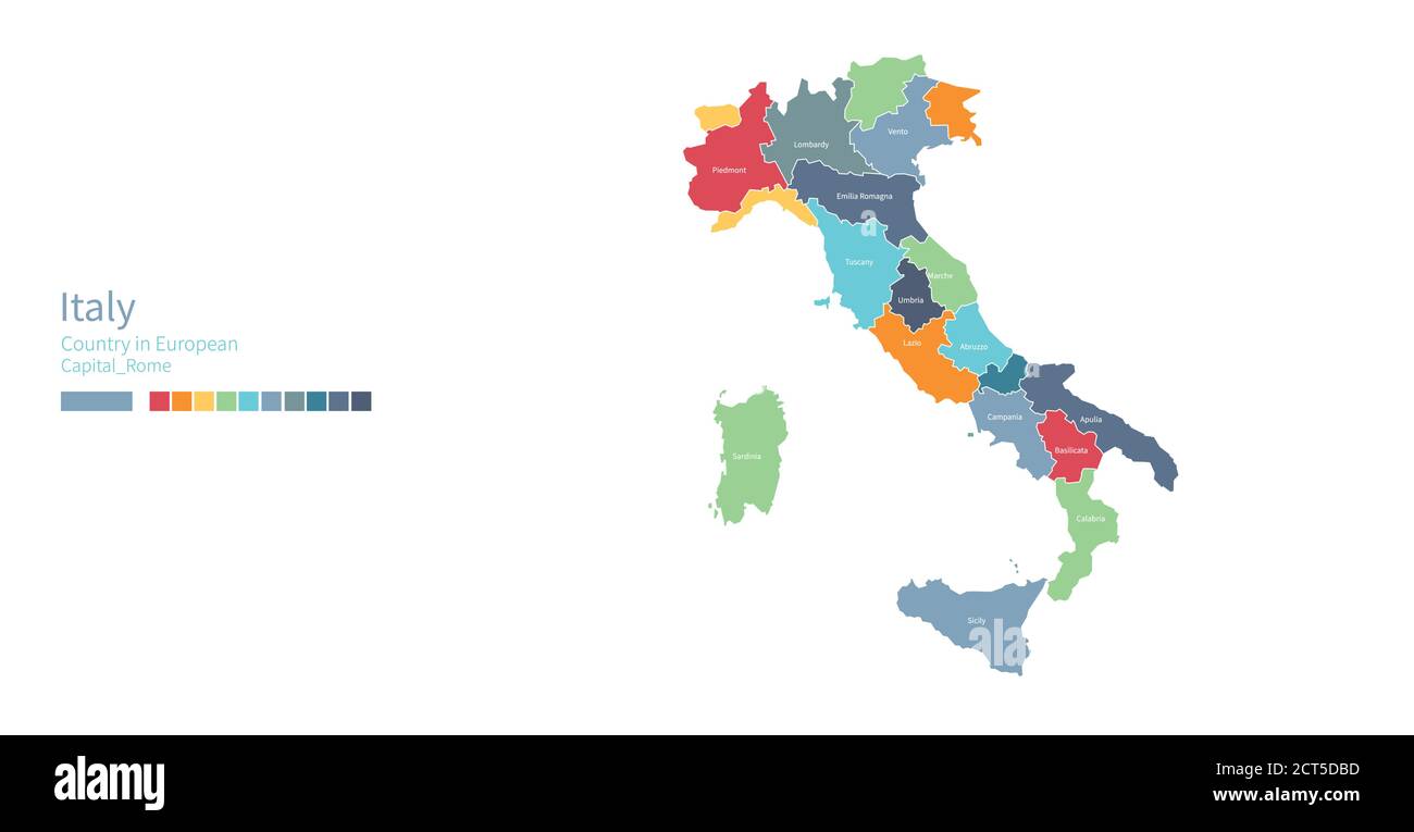 Mappa Italia. Mappa vettoriale colorata e dettagliata del paese europeo. Illustrazione Vettoriale
