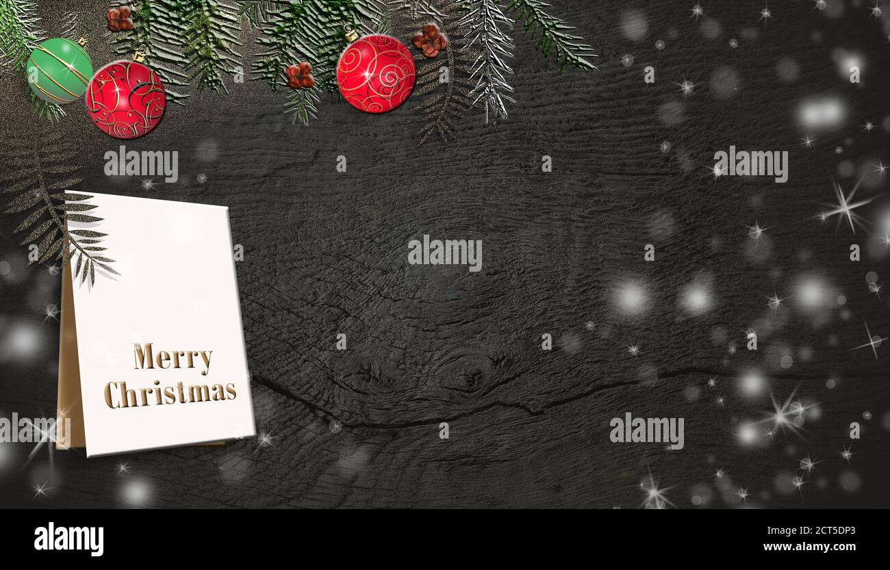 Confine di rami di albero di Natale su vecchio sfondo di legno. Baubles rosso, gift tag, fiocchi di neve, polvere d'oro. Texte sur Buon Natale. Luogo per il testo, spazio di copia, mock-up. Rendering 3D Foto Stock