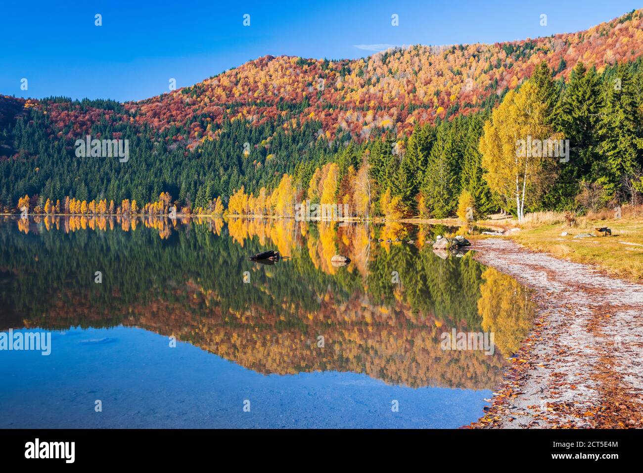 Contea di Harghita, Romania. Paesaggio autunnale al lago di Saint Anne (SF Ana). Foto Stock