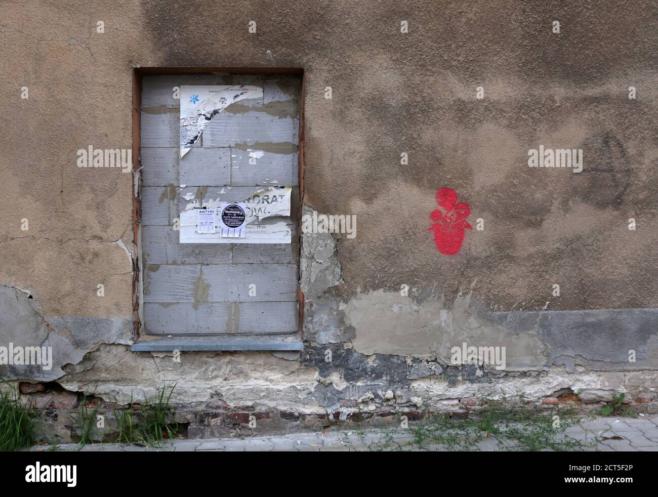Cracovia. Cracovia. Polonia. La porta bricked in su nel muro. Graffiti fiore nel piatto. Foto Stock