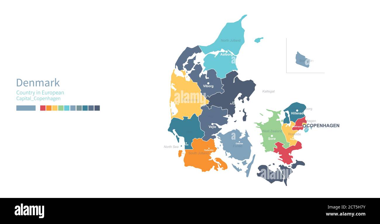 Mappa della Danimarca. Mappa vettoriale colorata e dettagliata del paese europeo. Illustrazione Vettoriale