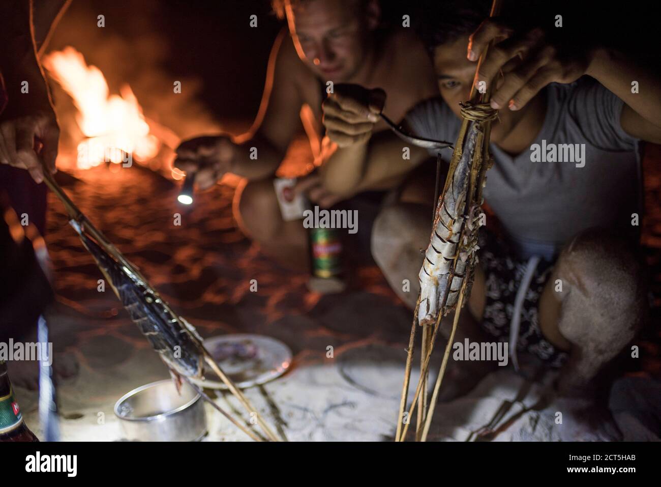 Cucina di pesce su un fuoco sulla spiaggia di notte, Dawei Peninsula, Tanintharyi Regione, Myanmar (Birmania) Foto Stock