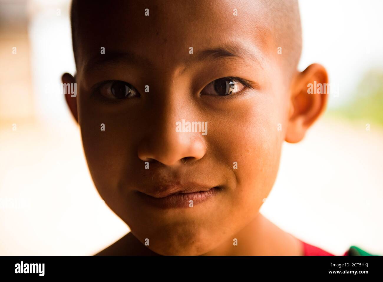 Ritratto di un giovane monaco, Pindaya, Stato Shan, Myanmar (Birmania) Foto Stock