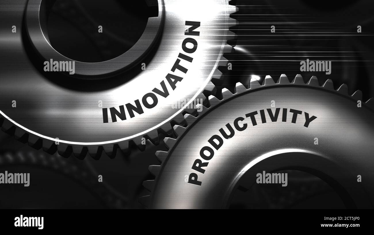 Innovazione e produttività Illustrazione con parole su ruote dentate, sfondo nero Foto Stock
