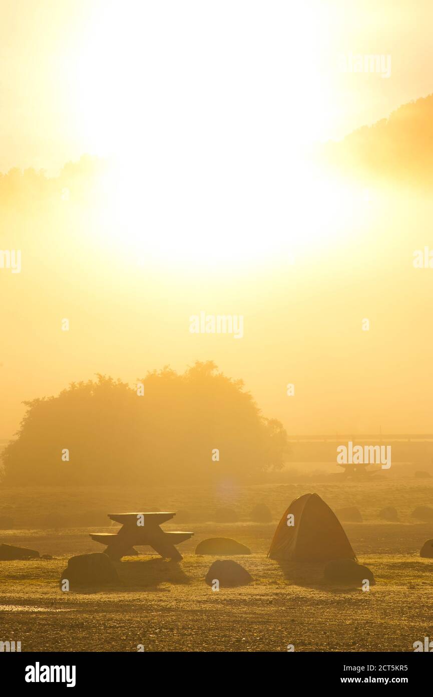 Sunrise Behind Tent's al Campsite del Dipartimento di conservazione di otto/MacDonald, parco nazionale di Westland sulla costa occidentale dell'Isola del Sud, Nuova Zelanda Foto Stock