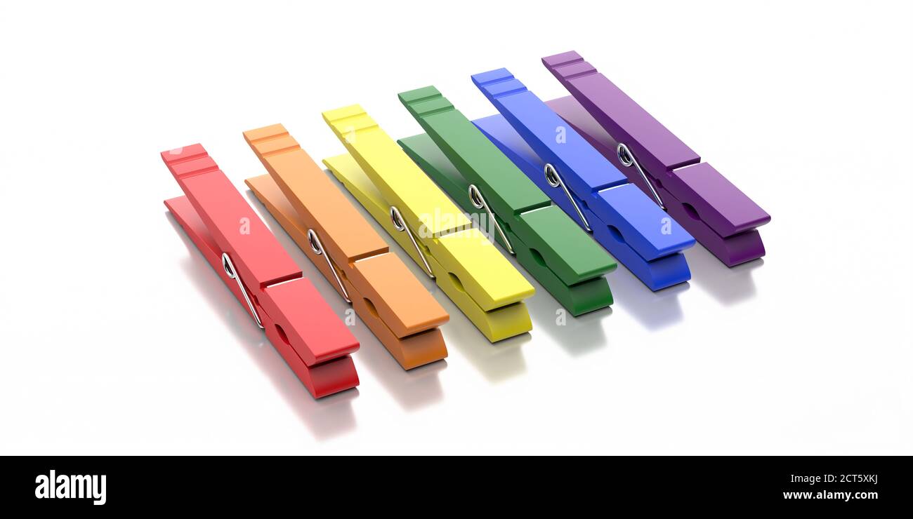 Clothespins plastica a colori arcobaleno isolato su sfondo bianco. Clip multicolore per asciugare il bucato. illustrazione 3d Foto Stock
