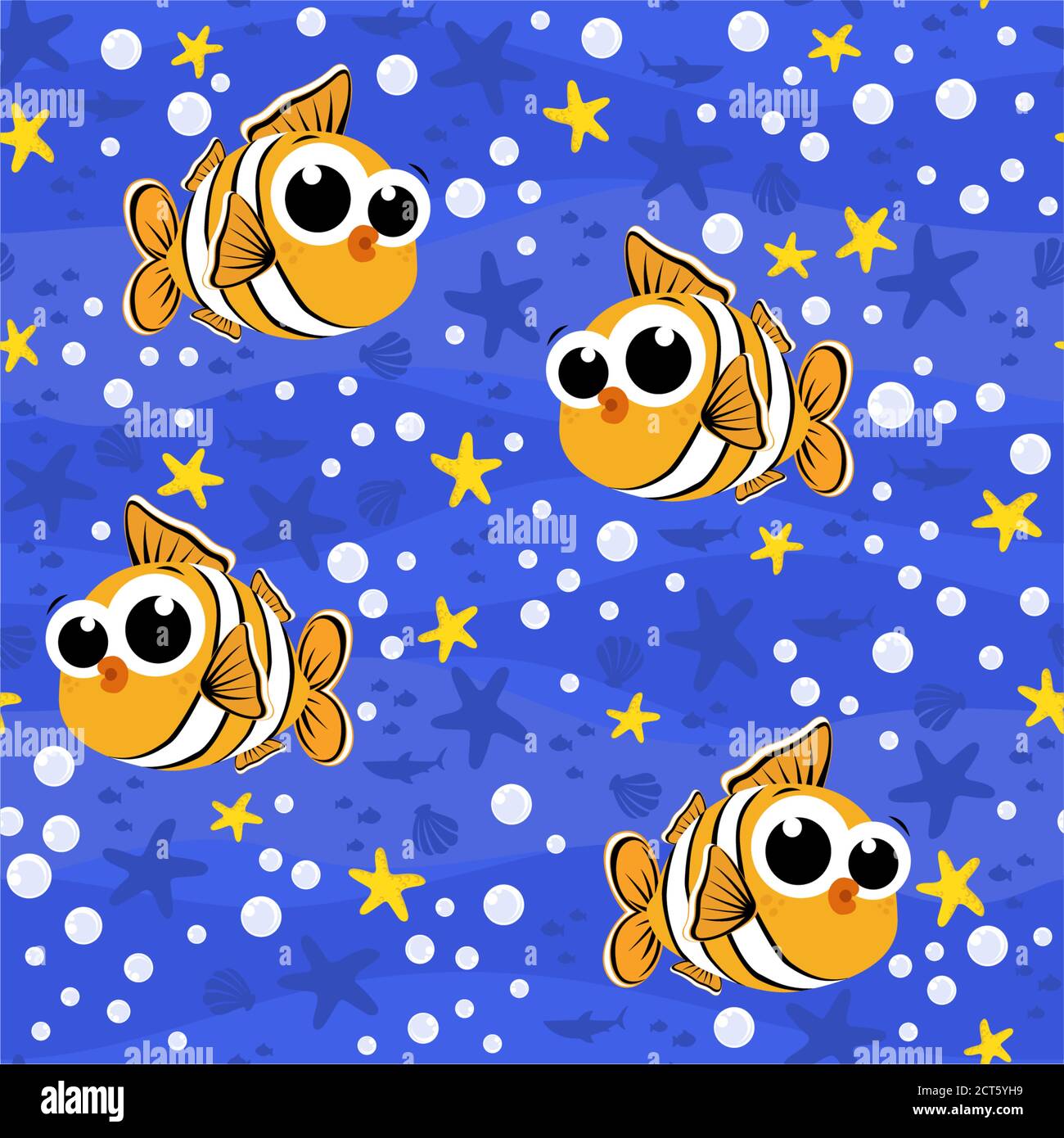 modello senza cuciture con simpatico bambino clownfish cartoon illustrazione con bolle e sotto il mare sfondo. Design per bambino e bambino. Può essere affiancato Illustrazione Vettoriale