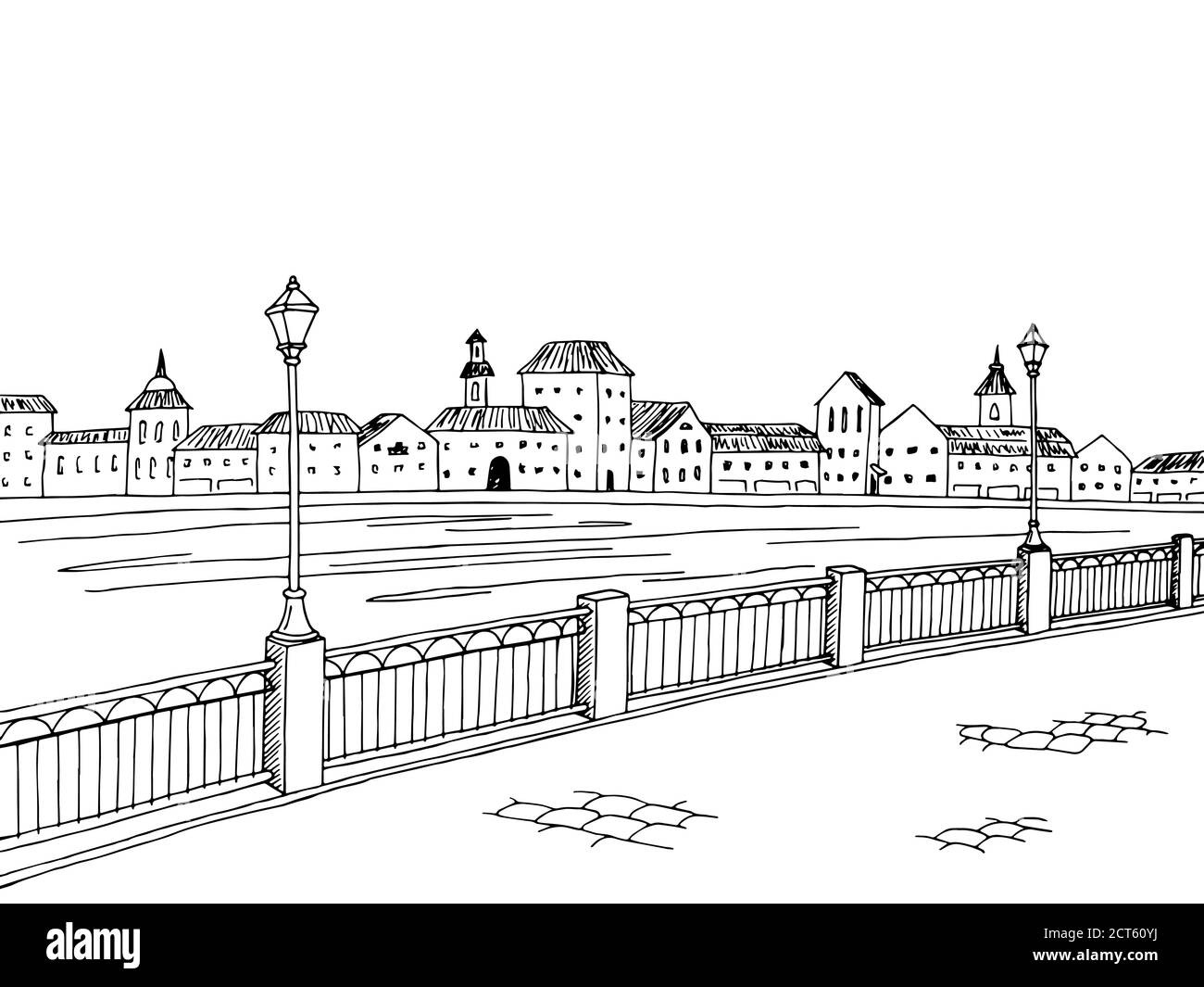 Città fiume grafica arte bianco nero schizzo paesaggio illustrazione vettore Illustrazione Vettoriale